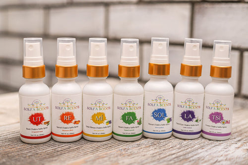 Image showing all the essential oils enhanced with solfeggio frequencies for aromatherapy and sound healing.