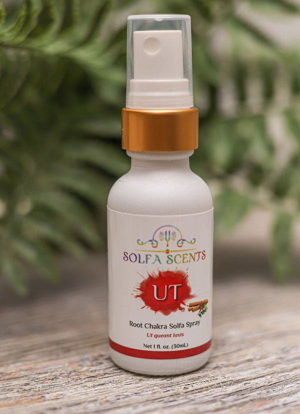 Image showing the front view of Essential oil UT which involves root chakra Solfa spray.